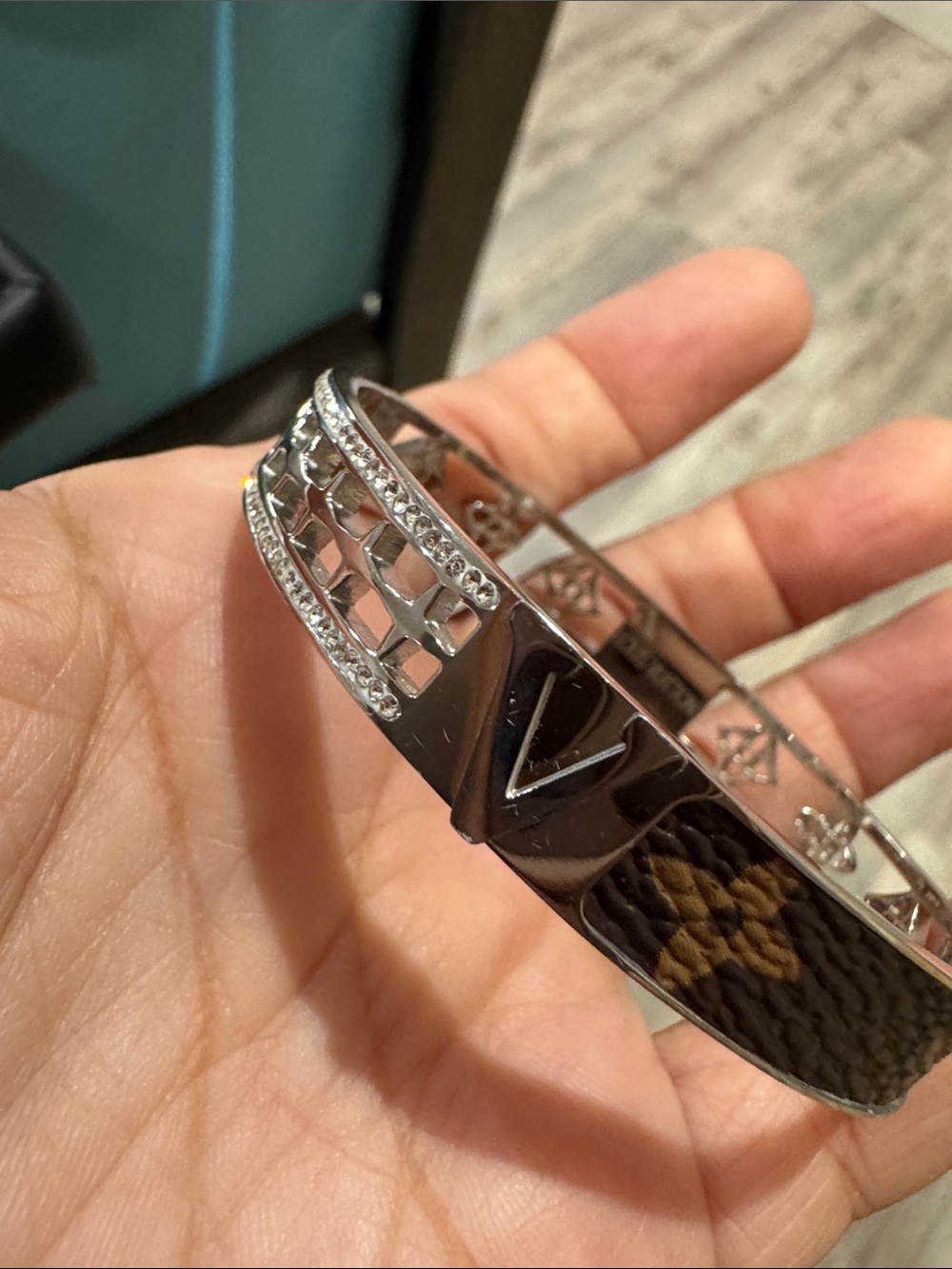 Louis Vuitton Silver Metal Monogram Cutout Bangle - Picture 1 of 3